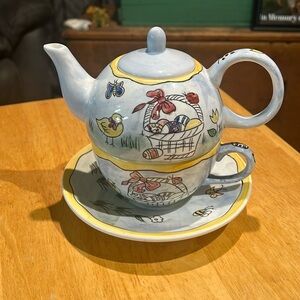 WestWood Eileen Rosenfeld Tea For One Hand Painted bunnies Porcelain